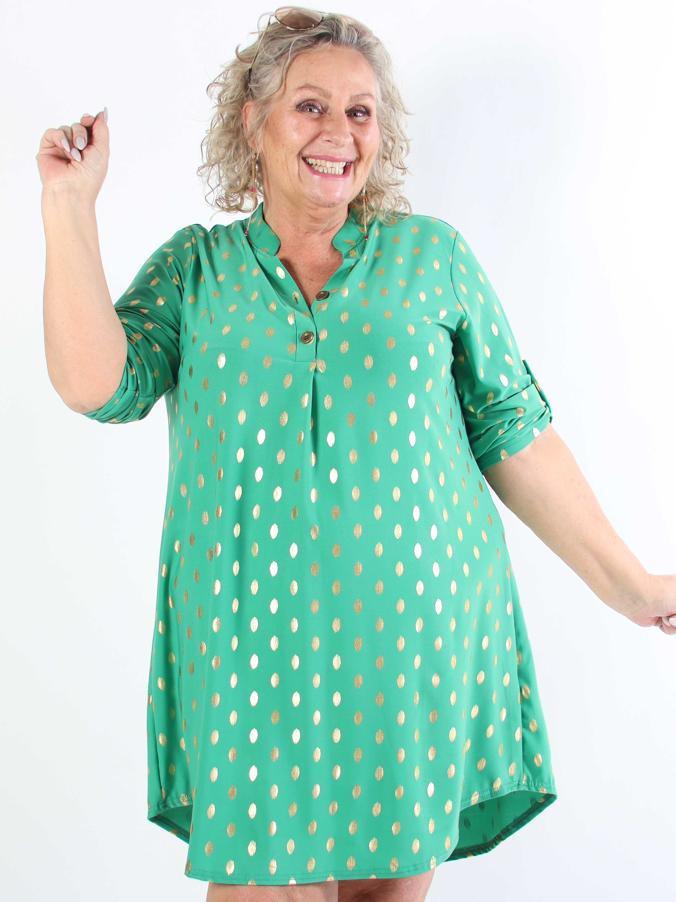 Ebba Gold Long - Elastisk plus size-klänning med guldprickar
